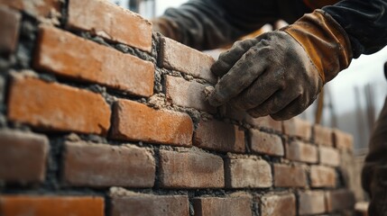 Bricklayer building a brick wall on a construction site. Featuring brick laying and masonry