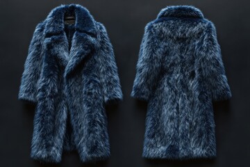 Elegant faux fur coat in deep blue, showcasing both the front and back for a full view of its texture and design. Stylish outerwear.