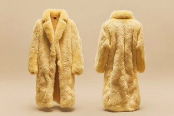 Elegant yellow faux fur coat displayed, showcasing a luxurious and sustainable fashion choice against a neutral background for sophistication.