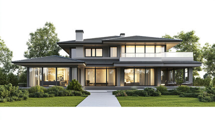 Fototapeta premium Modern two story house with large windows and lush greenery