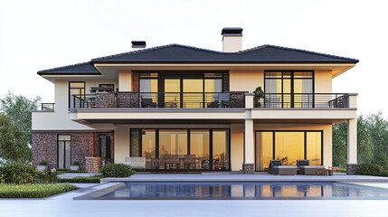 Fototapeta premium Modern two story house with large windows and pool, exuding luxury
