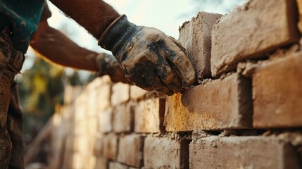 Bricklayer constructing a wall using mortar and bricks. Featuring masonry work