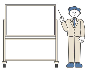 ホワイトボードの前で説明するスーツ姿の男性