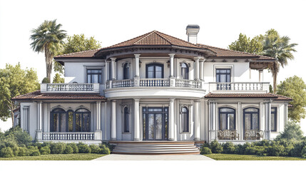 Elegant resort style American house with columns and palm trees