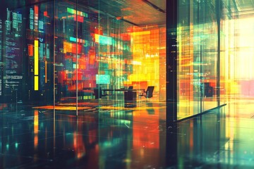 Fototapeta premium Cyberpunk Office Space: Digital Metropolis