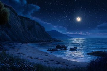 Obraz premium Moonlight Shining on a Peaceful Cove