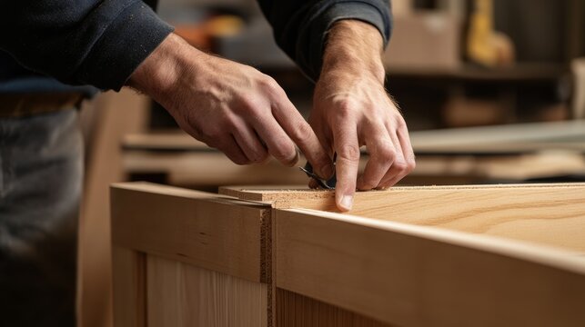Carpenter assembling a custom cabinet in a living room. Featuring interior design craftsmanship