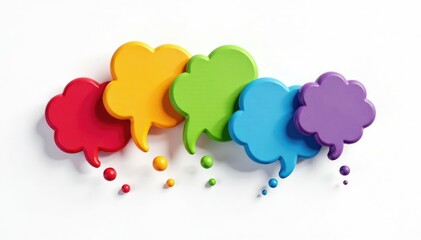 Floating colorful thought bubbles, pure white backdrop, communication, thought