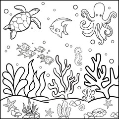 Fototapeta premium Printable coloring page for World Ocean Day concept. Coloring book activity. Outline vector illustration. coral, fish, sea turtle, octopus, seahorse. Black and white line ocean life.