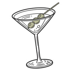 Martini cocktail for beach bar. Transparent alcohol cocktail with olive and ace for bar menu or summer party