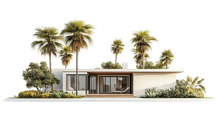 Fototapeta premium Modern resort style house with palm trees on white background