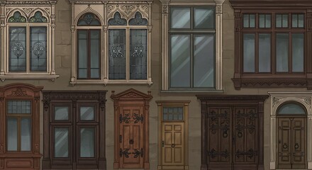 Fototapeta premium Elegant European Architectural Details: A Collection of Windows and Doors