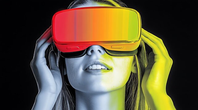 Immersive Reality: A woman experiences the future of entertainment and interaction, the cutting edge virtual reality gear transports her to a world of digital possibilities.