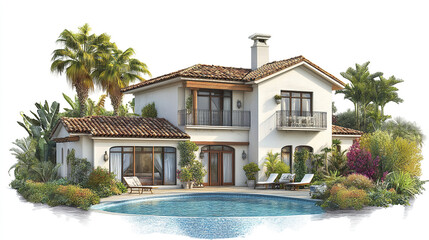 Elegant resort style house with pool and lush garden on white background