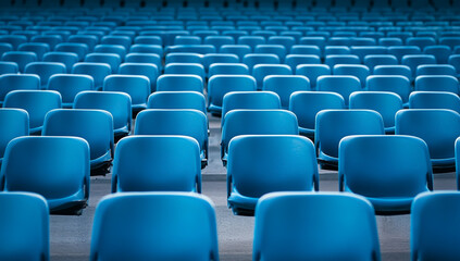 Fototapeta premium Blue Chairs in an Empty Stadium – Neatly Arranged Rows of Seats