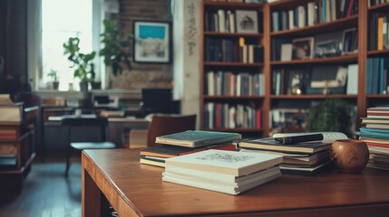 Books on wooden table in cozy home library
