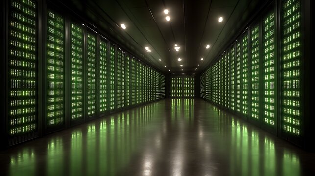 Digital Realm: A vast, state-of-the-art server room, bathed in an ethereal green glow, showcases rows upon rows of powerful servers, a visual testament to the digital age's core.