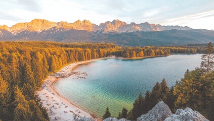 Panoramic lake view with mountains and forest