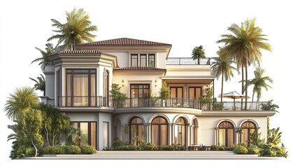 Fototapeta premium Elegant resort style American house with palm trees and large windows
