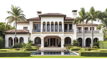 Obraz premium Elegant resort style American house with palm trees and pool
