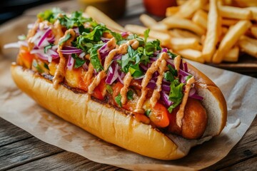 Hot dog with toppings and fries