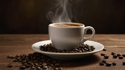 Steaming Coffee in White Cup with Coffee Beans
