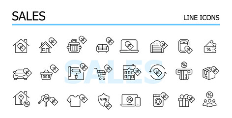 Online sales, discount and promotions. Percent tags. Vector icons set