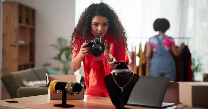 Advertising, photography and small business with woman and product for jewelry, designer or ugc marketing. Ecommerce, online boutique and post with person in office for entrepreneur and startup