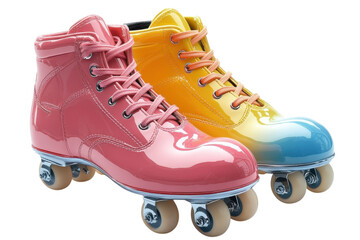 Colorful roller skates in vibrant pink and yellow with shiny wheels