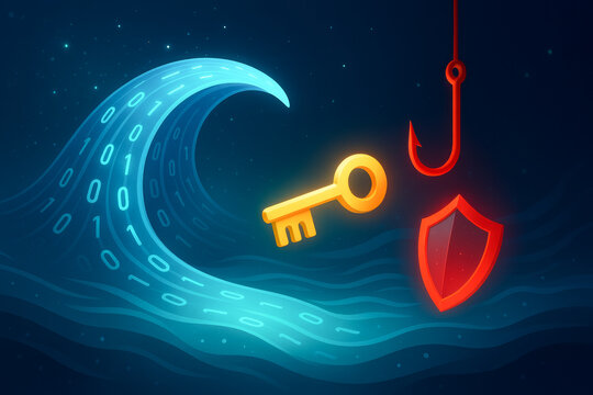 digital wave of binary code flows towards glowing key and shield on hook symbolizing cybersecurity threats