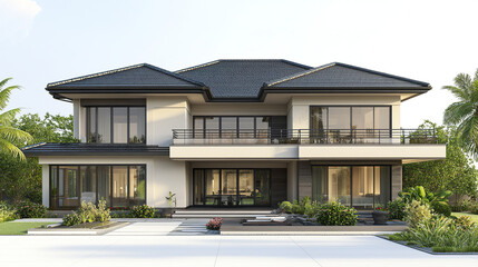 Fototapeta premium Modern two story house with large windows and lush greenery