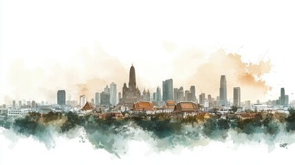 Naklejka premium A watercolor cityscape featuring a blend of traditional and modern architecture, showcasing a vibrant skyline against a soft, atmospheric background.