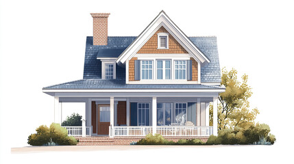 Charming American house with porch and chimney, surrounded by greenery