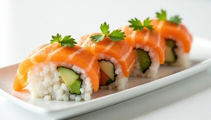 Fresh sushi platter, minimalist white backdrop, raw fish, plate, photography