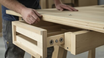 Carpenter assembling a wooden desk. Featuring desk assembly