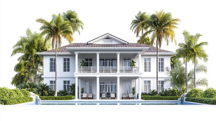 Elegant resort style American house with palm trees and pool