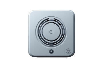 Fototapeta premium Compact silver fan with circular vent and power button for efficient cooling