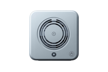 Compact silver fan with circular vent and power button for efficient cooling