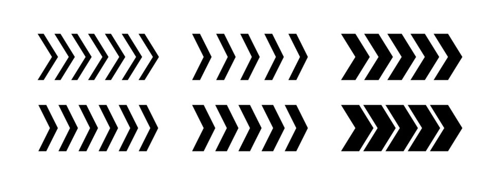Chevron arrow patterns set. Chevron shape line. Motion direction road line. Triangle arrow sign. Warning repeat striped. Swipe icon. Design element. Vector illustration isolated on white background.