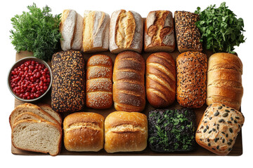 Various types of freshly baked bread arranged on a wooden board with herbs and berries