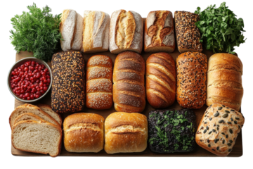 Various types of freshly baked bread arranged on a wooden board with herbs and berries