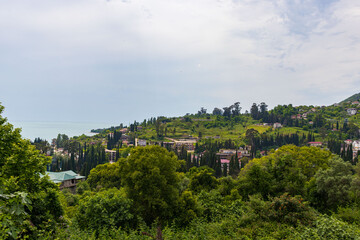 New Athos, Abkhazia, Georgia - July 09, 2023: Landscape with a view of the new Athos monastery.