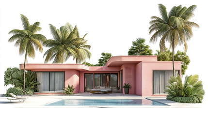 Modern pink house with palm trees and pool, exuding tropical vibe