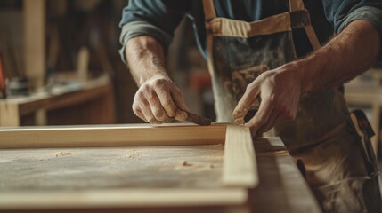 Carpenter assembling a wooden frame for a new door. Featuring woodworking techniques