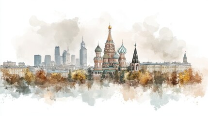 A watercolor illustration depicting iconic architecture against a city skyline, blending historic and modern elements in soft, muted colors.