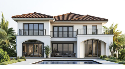 Fototapeta premium Elegant resort style house with pool and palm trees, exuding luxury