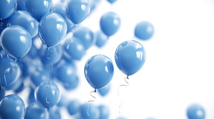 A cluster of light blue balloons floating against a bright white background in a soft focus style