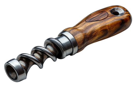 Corkscrew tool with wooden handle on a white background for wine enthusiasts
