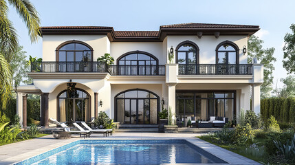 Fototapeta premium Elegant two story house with pool and lush garden setting