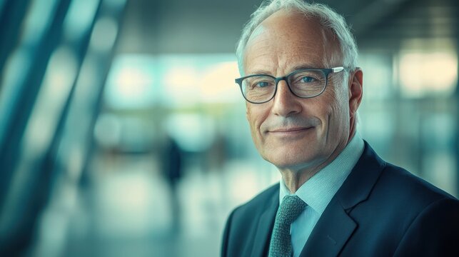 portrait of successful senior businessman consultant looking at camera and smiling inside modern office building